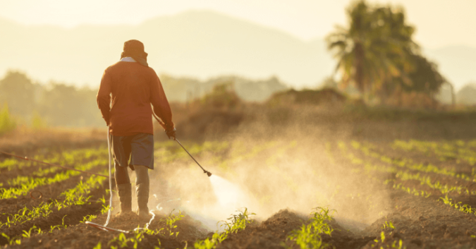 A worker sprays Roundup on a field